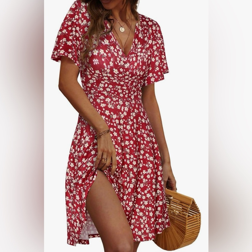 Floral Short Sleeve Faux Wrap A Line V Neckline Midi Dress